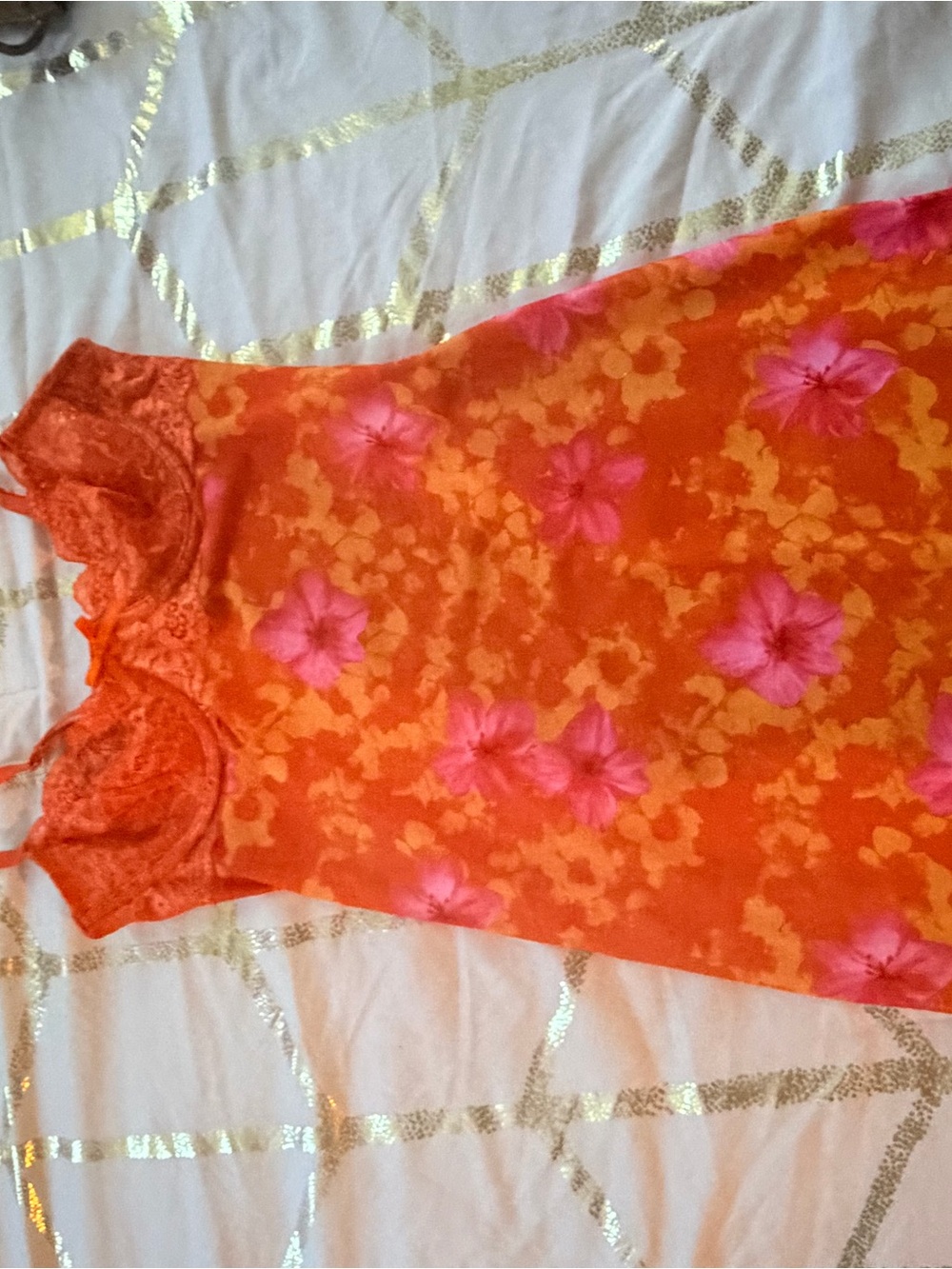 Orange Floral Slip Dress with Pink Flowers